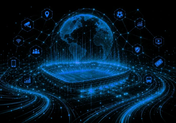 Digital illustration showing a glowing blue football stadium beneath a connected digital globe, surrounded by network lines and cybersecurity icons including shields, surveillance cameras, user groups, analytics charts and transport symbols. Large white text reads “10 FIFA World Cup Cybersecurity Tips” with a subtitle explaining how football fans can avoid scams, protect their accounts and stay safe online during the FIFA World Cup. The EM360 logo appears in the top right corner.
