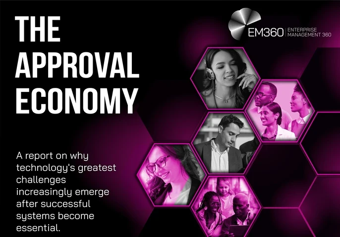 Cover graphic for “The Approval Economy”, featuring the EM360 logo and the subtitle, “A report on why technology's greatest challenges increasingly emerge after successful systems become essential.” Black and dark purple hexagons contain photos of professionals in meetings, working individually and using headphones, alongside a family looking at a tablet.