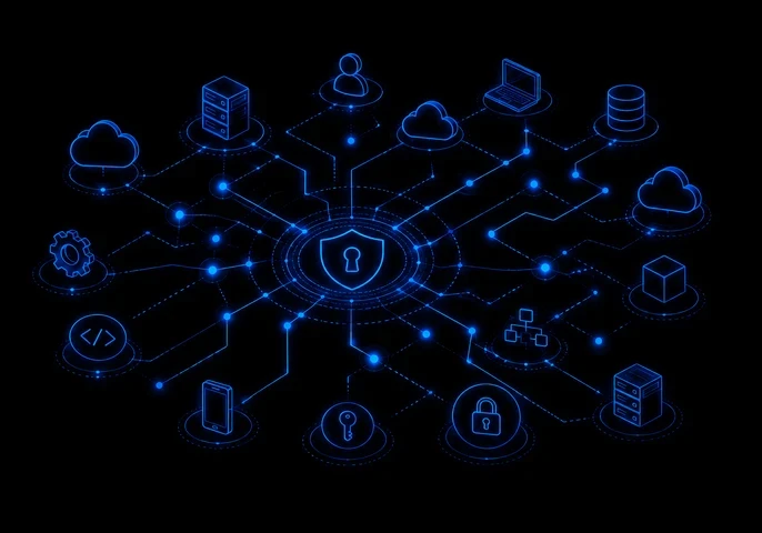 A black cybersecurity complexity graphic showing a glowing blue security shield connected to cloud services, servers, databases, identities, devices and applications through a web of interconnected attack paths.