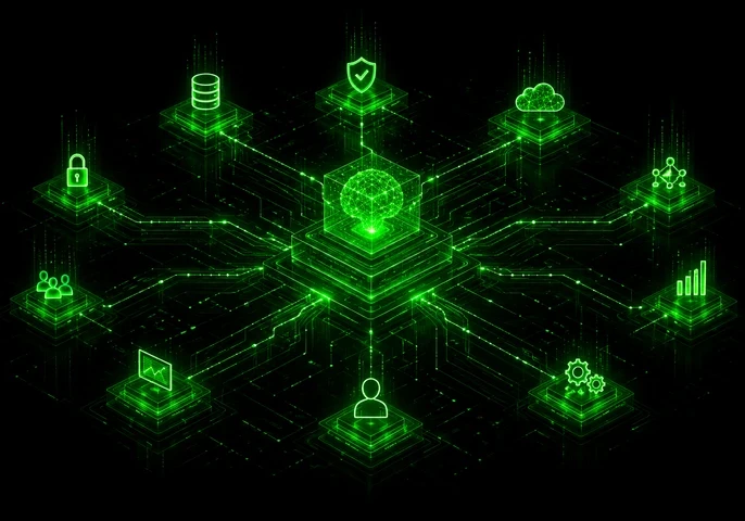 EM360Tech graphic titled “AI Is Making the Enterprise Stack Autonomous.” A glowing green digital network on a black background connects a central AI-like processing hub to databases, security, cloud, analytics, automation, users and other enterprise systems. Subtitle reads: “We look at how enterprise AI is changing system behaviour, operational authority, and the role of IT teams.”