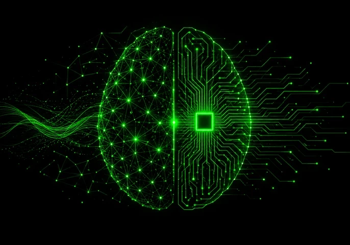EM360Tech graphic titled “Artificial General Intelligence for Enterprises”, showing a glowing green brain on a black background. The left half is formed from interconnected neural nodes, while the right resembles electronic circuitry. Text reads: “We look beyond AGI predictions to what changing AI capabilities actually mean for enterprise leaders.”