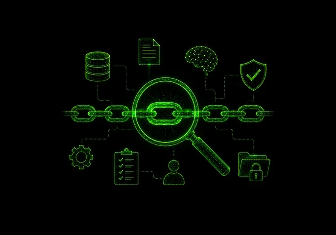 Black EM360Tech graphic titled “AI Explainability and Auditability Gaps”. Neon green line-art illustrations show a database, document, AI brain, security shield, connected chain links, checklist and locked files around a central circular network. The subtitle reads: “We look at why AI explainability alone can't support enterprise accountability, and what organisations need to make AI decisions auditable.”