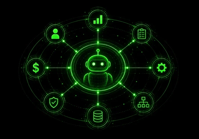 Black and neon-green header graphic showing a glowing robot at the centre of a circular network, connected by lines to eight surrounding icons: a person, bar chart, checklist, cog, flowchart, database, shield and dollar sign. White text reads “AI Agents and AI Value Management”, followed by “We look at why AI agents are turning value management into a continuous enterprise discipline tied to cost, autonomy and business outcomes.” The EM360 Enterprise Management 360 logo appears at the top right. 