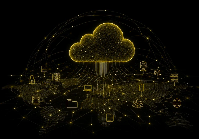 A black-and-olive EM360Tech header graphic showing a large glowing digital cloud made from interconnected network lines above a dotted world map. Connected icons for servers, databases, security, devices, users and global networking appear across the map. White text reads: “Top 10 Cloud Computing Services for Enterprises” and “We compare 10 leading cloud computing services to help enterprises find the right fit for their workloads, infrastructure, AI needs and cloud strategy.” The EM360 Enterprise Managemen