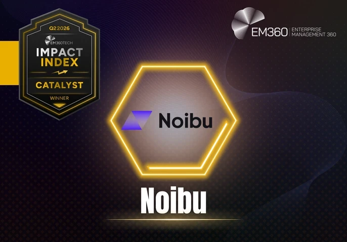 EM360Tech Q2 2026 Impact Index Catalyst Winner graphic featuring the Catalyst Winner award badge, a glowing gold hexagon containing the Noibu logo, and the company name "Noibu" displayed prominently against a dark branded background with the EM360Tech logo in the top right.