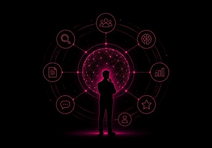  A silhouetted business professional stands before a glowing interconnected digital network surrounded by icons representing AI, search, analytics, documents, communication and collaboration, illustrating how enterprise buyers evaluate multiple information sources before making decisions. The artwork uses deep dark magenta on a black background with the EM360Tech logo in the top-right corner. The on-image text reads: "How Enterprise Buyers Build Decision Confidence".