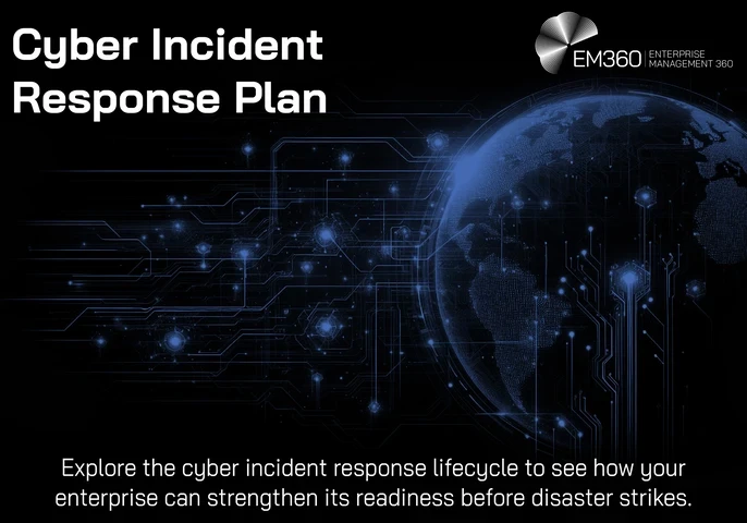 Image with blue technology lines on a black background with the words "Cyber Incident Response Plan" as the header and a subtitle, "Explore the cyber incident response lifecycle to see how your enterprise can strengthen its readiness before disaster strikes"