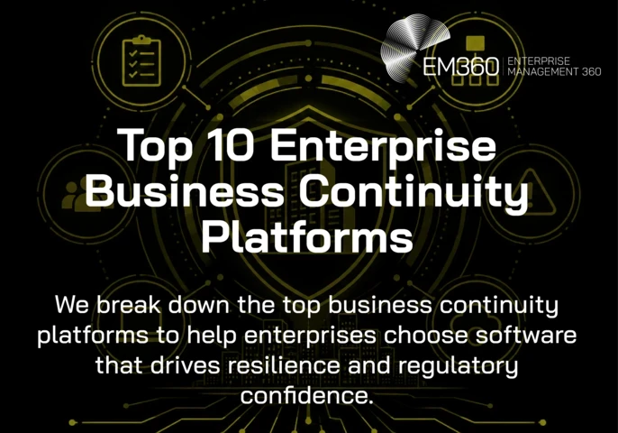 EM360Tech graphic titled &ldquo;Top 10 Enterprise Business Continuity Platforms&rdquo;, with the subtitle &ldquo;We break down the top business continuity platforms to help enterprises choose software that drives resilience and regulatory confidence.&rdquo; The black background features an olive digital illustration of a shield protecting office buildings, surrounded by connected icons representing planning, organisational structure, people, technology, risk and cloud systems.