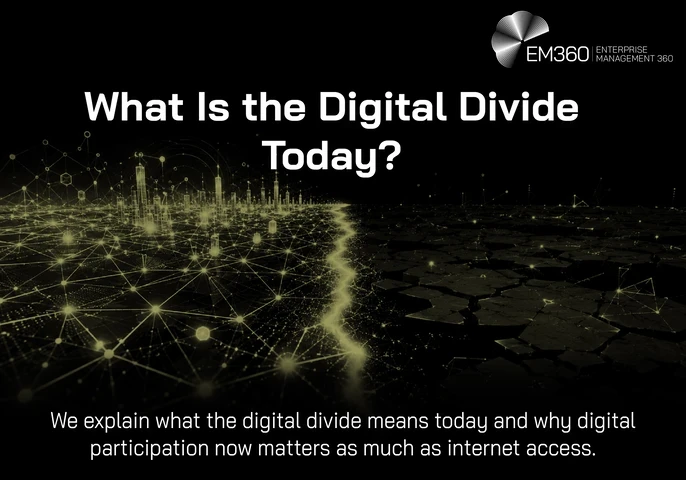 EM360 header graphic titled “What Is the Digital Divide Today?” A black and olive-green landscape is split by a glowing divide. On the left, a brightly connected digital city is surrounded by dense networks of illuminated nodes and links. On the right, the landscape is darker and fragmented, with far fewer connections. Text reads: “We explain what the digital divide means today and why digital participation now matters as much as internet access.” The EM360 Enterprise Management 360 logo appears in the top 