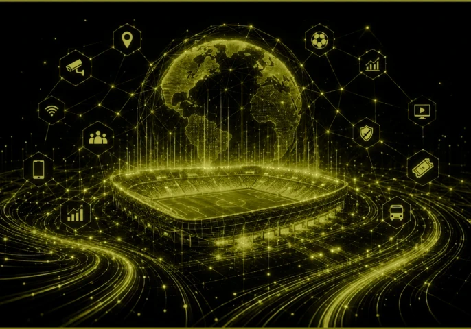 Header graphic for the EM360Tech article "FIFA World Cup Infrastructure Ecosystem." A glowing digital globe hovers above a futuristic football stadium, connected by a web of illuminated network lines. Technology icons representing surveillance, analytics, cybersecurity, transport and collaboration surround the scene, illustrating the World Cup as a connected infrastructure ecosystem. The on-image text reads: "FIFA World Cup Infrastructure Ecosystem" and "We explain how the World Cup turns connected technolo