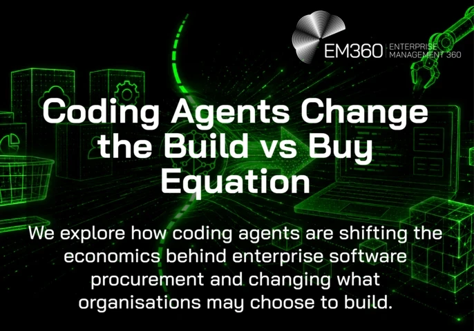 Graphic titled “Coding Agents Change the Build vs Buy Equation”, with the text “We explore how coding agents are shifting the economics behind enterprise software procurement and changing what organisations may choose to build.” Green wireframe imagery shows a shopping cart, software, laptop and robotic arm against a black background.