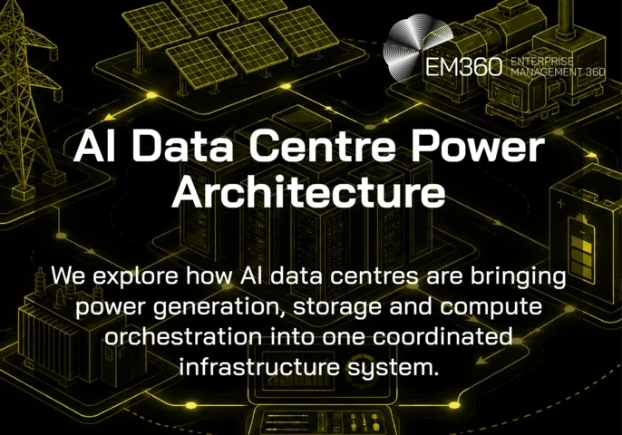Header graphic showing an interconnected AI data centre power system with server racks linked to the electricity grid, solar panels, onsite generation and battery storage. Text reads: “AI Data Centre Power Architecture. We explore how AI data centres are bringing power generation, storage and compute orchestration into one coordinated infrastructure system.”