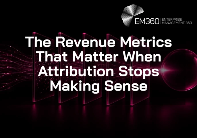 EM360Tech header graphic for “The Revenue Metrics That Matter When Attribution Stops Making Sense”, showing magenta data streams passing through a series of translucent panels towards a single glowing sphere on a black background. 