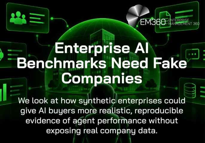 Black and neon-green header graphic showing a robot facing a glowing simulated city connected to panels representing people, support, analytics, documents, communications and databases. White text reads “Enterprise AI Benchmarks Need Fake Companies” and “We look at how synthetic enterprises could give AI buyers more realistic, reproducible evidence of agent performance without exposing real company data.” EM360 Enterprise Management 360 logo at the top. 