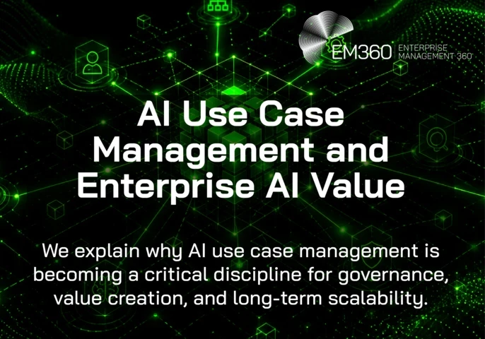 EM360Tech title graphic for an article about AI use case management and enterprise AI value, featuring a glowing green network of connected data nodes, AI systems, user icons, analytics symbols, and interconnected digital infrastructure on a black background. Visible text reads: “AI Use Case Management and Enterprise AI Value” and “We explain why AI use case management is becoming a critical discipline for governance, value creation, and long-term scalability.”