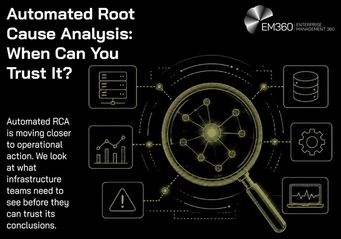 An EM360 header graphic for automated root cause analysis. Against a black background, a large magnifying glass examines an interconnected system diagram surrounded by icons representing infrastructure, operational metrics, incidents, databases and monitoring. The accompanying text explains that automated RCA is moving closer to operational action and asks what infrastructure teams need to see before they can trust its conclusions.