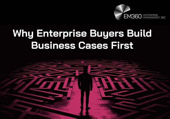 An EM360 header graphic illustrating the complexity enterprise buyers face when evaluating technology investments. A lone figure stands at the entrance to a sprawling illuminated maze, representing the competing requirements, risks and decisions involved in enterprise purchasing. The title highlights why buyers increasingly need a clear business case to establish value and direction before choosing a solution.