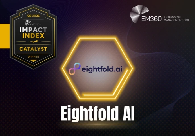 Dark purple and black background with subtle geometric patterns, curved wave lines and gold accents. Top left is a black and gold shield reading “Q3 2026 EM360TECH IMPACT INDEX CATALYST WINNER”. Top right is the white EM360 Enterprise Management 360 logo. Centre features the multicoloured eightfold.ai logo inside a glowing gold hexagon, with “Eightfold AI” in large white text below.