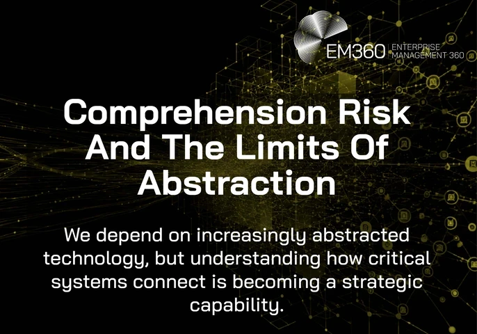 Header graphic titled “Comprehension Risk And The Limits Of Abstraction”. A complex network of interconnected nodes, lines and digital structures expands from a concentrated central point against a black background, representing the growing complexity hidden behind abstracted technology. Supporting text explains that organisations increasingly depend on abstracted technology while understanding how critical systems connect is becoming a strategic capability. The EM360 logo appears at the top.