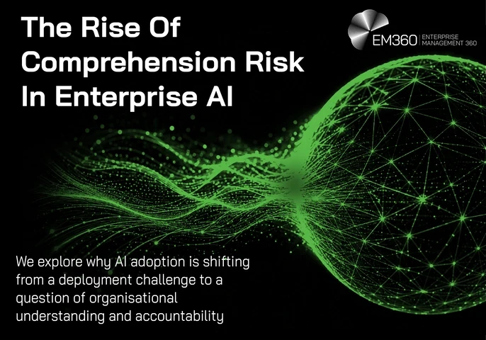 Header graphic titled “The Rise Of Comprehension Risk In Enterprise AI”. A glowing green network of interconnected lines and data points flows into a large digital sphere against a black background. Supporting text explains that AI adoption is shifting from a deployment challenge towards questions of organisational understanding and accountability. The EM360 logo appears at the top.