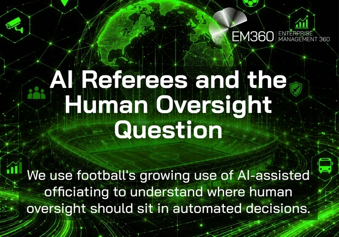 An EM360 header graphic exploring the role of human oversight in AI-assisted decision-making. A glowing digital football stadium and connected globe are surrounded by technology, security, analytics and monitoring icons, representing the systems involved in automated decisions. The graphic uses football’s growing adoption of AI-assisted officiating to frame the wider question of where human judgement and oversight should remain when decisions become increasingly automated.