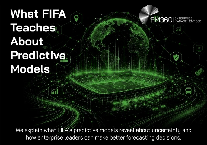 Header graphic titled “What FIFA Teaches About Predictive Models”. A glowing green digital football stadium sits beneath a connected globe, surrounded by network lines and technology icons against a black background. Supporting text says FIFA’s predictive models can reveal lessons about uncertainty and help enterprise leaders make better forecasting decisions. The EM360 logo appears at the top.