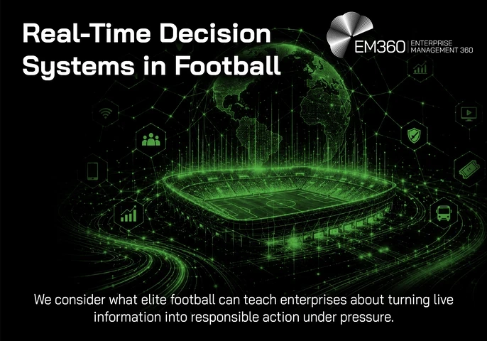 Header graphic titled “Real-Time Decision Systems in Football”. A glowing green digital football stadium sits beneath a connected globe, surrounded by icons representing data, people, security, transport, media and other systems. Supporting text introduces what elite football can teach enterprises about turning live information into responsible action under pressure. The EM360 logo appears at the top.