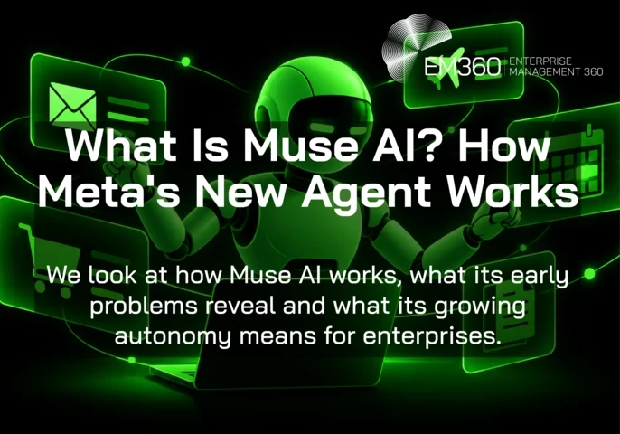 Black header graphic with a bright green AI robot using a laptop, surrounded by floating email, shopping, travel, calendar and document icons. White text reads “What Is Muse AI? How Meta’s New Agent Works” with the subtitle “We look at how Muse AI works, what its early problems reveal and what its growing autonomy means for enterprises.” The EM360Tech logo appears at the top right.