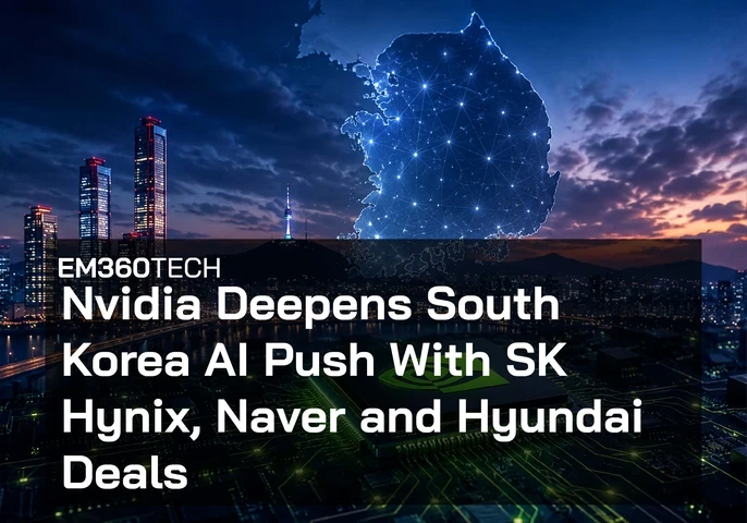 An EM360Tech news graphic showing Seoul&rsquo;s illuminated skyline at dusk beneath a glowing digital map of South Korea connected by a network of blue nodes. Bold text reads &ldquo;Nvidia Deepens South Korea AI Push With SK Hynix, Naver and Hyundai Deals.&rdquo;