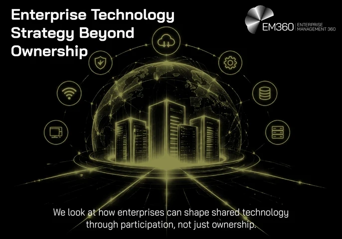 EM360Tech header graphic titled “Enterprise Technology Strategy Beyond Ownership”, featuring a glowing olive-gold digital illustration against a black background. A cluster of illuminated server towers stands inside a large, interconnected digital globe, surrounded by circular icons representing cloud technology, security, connectivity, infrastructure and data systems. Glowing network lines extend across the foreground, suggesting shared technology and enterprise collaboration. The subtitle reads, “We look 