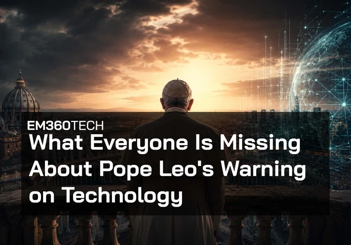Header graphic showing Pope Leo XIV from behind, standing on a balcony overlooking Rome at sunset. St Peter’s Basilica appears on the left beneath dark storm clouds, while a glowing digital globe made of interconnected data points and network lines fills the right side of the image. The scene contrasts traditional religious authority with modern technology and artificial intelligence, with the article title "What Everyone Is Missing About Pope Leo's Warning on Technology" displayed across the centre.