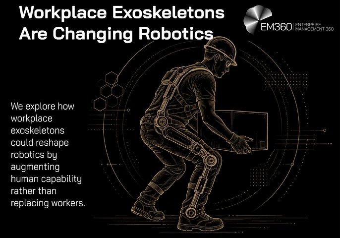 An EM360 header graphic showing a worker wearing a powered exoskeleton while lifting a large object. The title reads “Workplace Exoskeletons Are Changing Robotics”, with supporting text explaining how workplace exoskeletons could reshape robotics by augmenting human capability rather than replacing workers.
