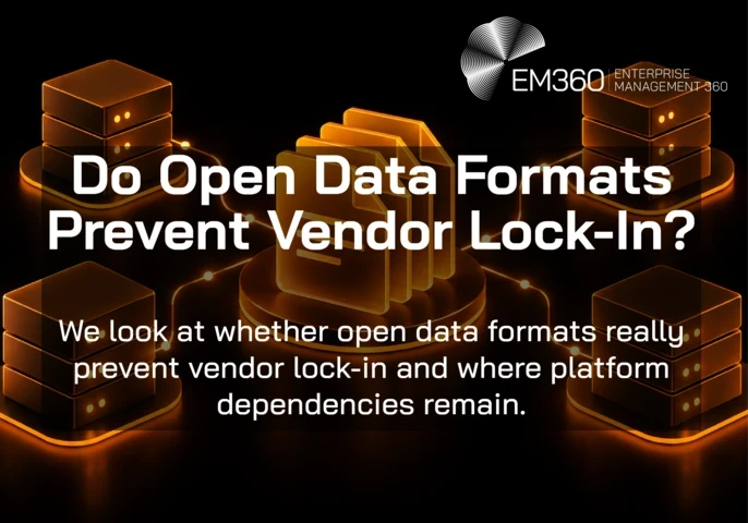 EM360Tech article header featuring glowing orange data files connected to four server stacks against a black background, with the title “Do Open Data Formats Prevent Vendor Lock-In?” and a subtitle about platform dependencies.