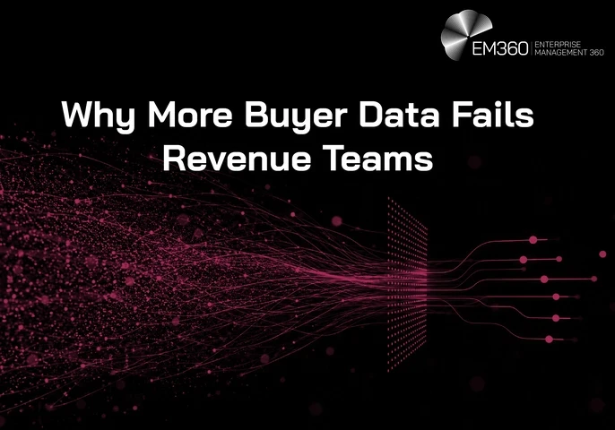 Header graphic titled “Why More Buyer Data Fails Revenue Teams”. A dense stream of pink data points and lines moves from the left towards a filtering grid, emerging on the right as a smaller number of organised connections against a black background. The EM360 logo appears at the top.