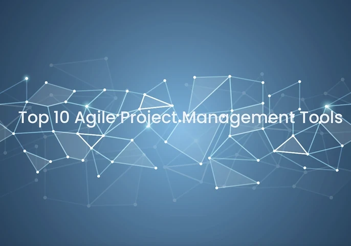 The heading "Top 10 Agile Project Management Tools" against a blue abstract background