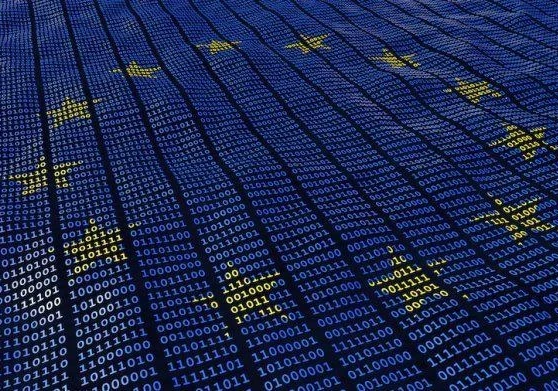 EU flag made up of binary code in 1's and 0's 
