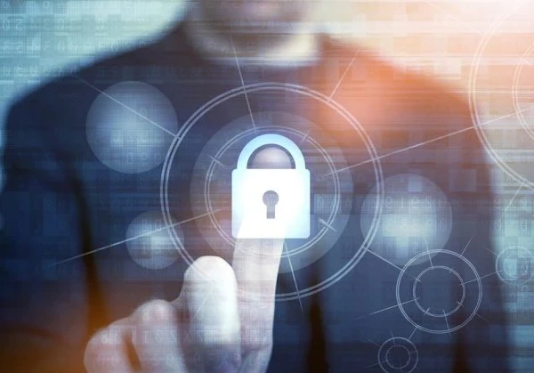 Man in a suit presses on an animated lock.