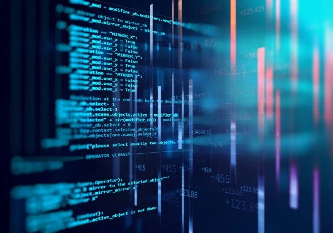 Close-up of HTML code on a computer screen with a blue background.