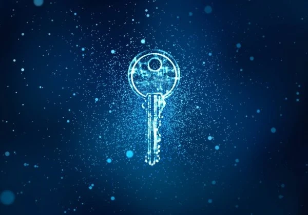 Depiction of a key with blue dots and network fibres.