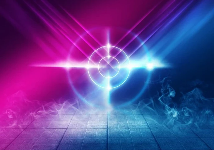 A target in all white design in front of a pink and blue background