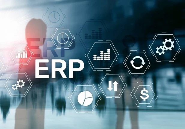 A silhouette against a blue background with "ERP" letters and multiple icons in white.