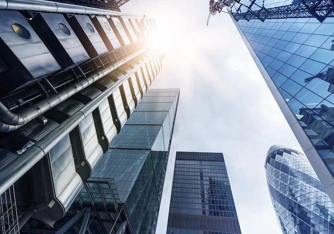 Photo taken from City of London showing various London skyscrapers including the Gherkin