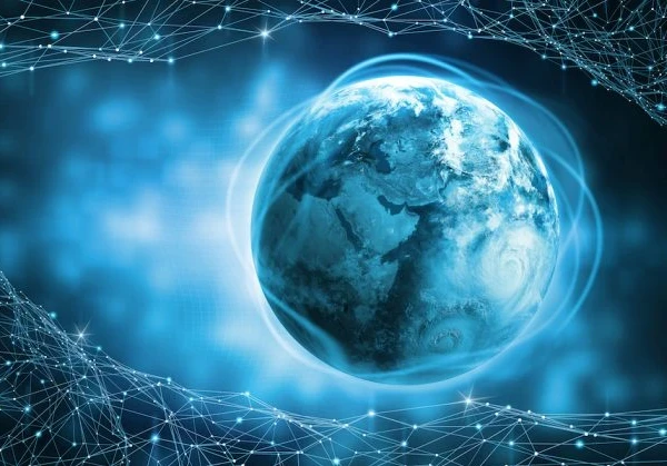 Graphic of the world in blue with a light blue aura around it 