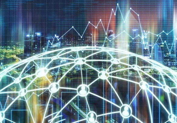 line drawing of the world with connecting lines across in front of a cityscape