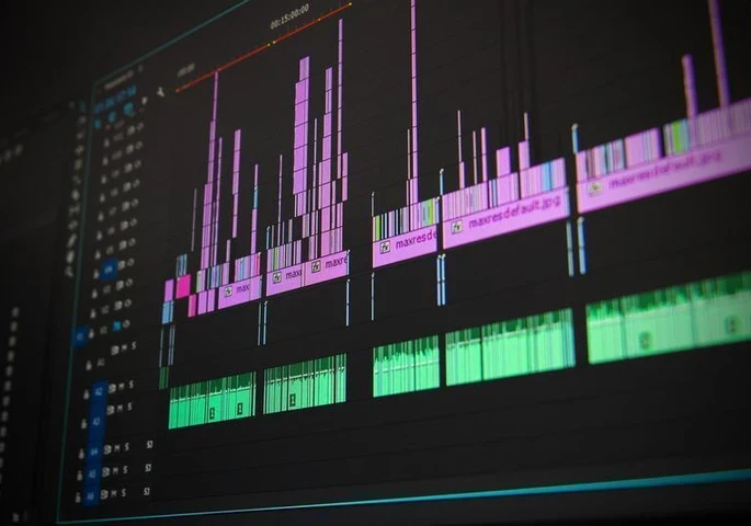 Audio editing software displaying multiple coloured waveform tracks on a dark interface.