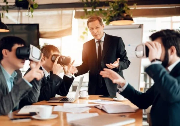 Virtual reality headset displaying an immersive business communication environment.