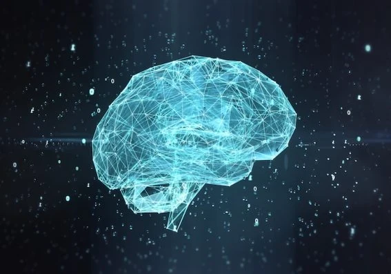 Neon blue string depiction of a brain against a dark blue background.