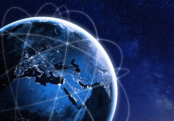 An image of the Earth showing connectivity between countries and cities around the globe
