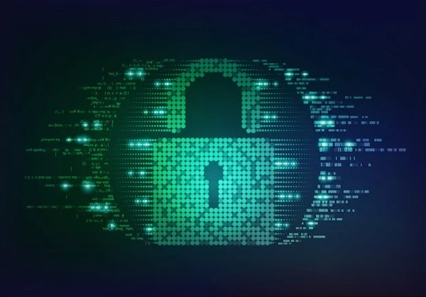 Image of a padlock created from dots and binary code in green and blue, creating a shape of an eyeball with the padlock in the centre