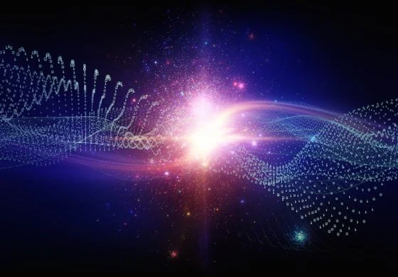 A bright light with data streams coming from the center